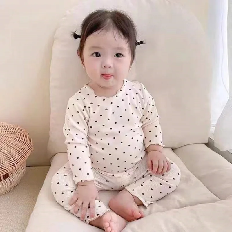

New Arrival: Korean-Style Spring/Summer Baby Polka Dot Loungewear Baby Pyjamas for Girls Long-Sleeved Two-Piece Pyjama Set
