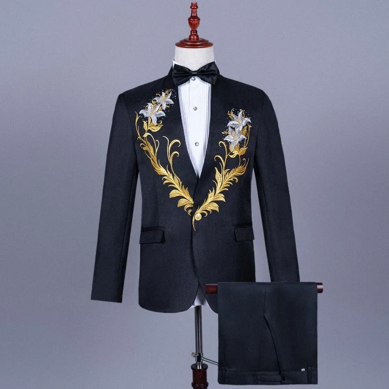 Terno masculino colarinho bordado brocas quentes vestido grande coro trajes cantor compere comando uniformes terno traje para o show