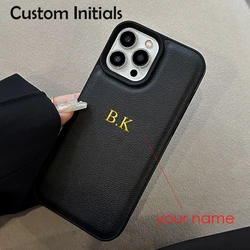 Personalized Customized Initials Name Case For iPhone 16 15 14 13 12 Pro Max Cover DIY Engraved Luxury Korea Leather 11 Pro Max