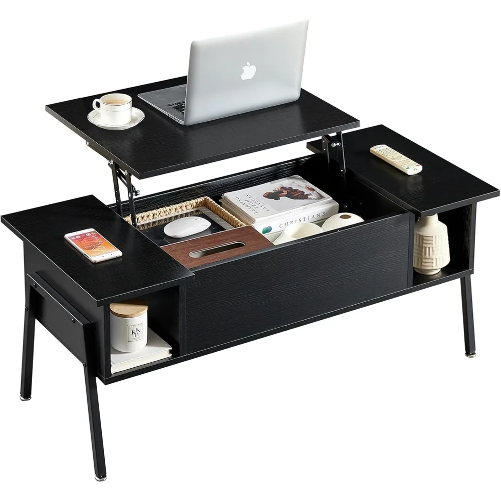 

Wood Lift Top Coffee Table with Hidden Compartment and Storage Shelf for Living Room/Office Reception, Rising Tabletop, Black