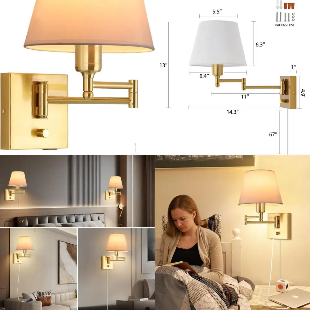 

Настенное бра с поворотным кронштейном с регулируемой яркостью, тканевым абажуром, USB-портом и шнуром, золотым освещением для спальни/гостиной
