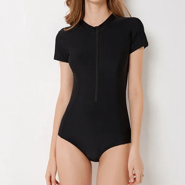 Areathable Short Sleeve One Piece Swimsuit Zipper Rash Guard Women Solid Swimwear High Neck Bathing Suit Blue Dive Suit Shorts