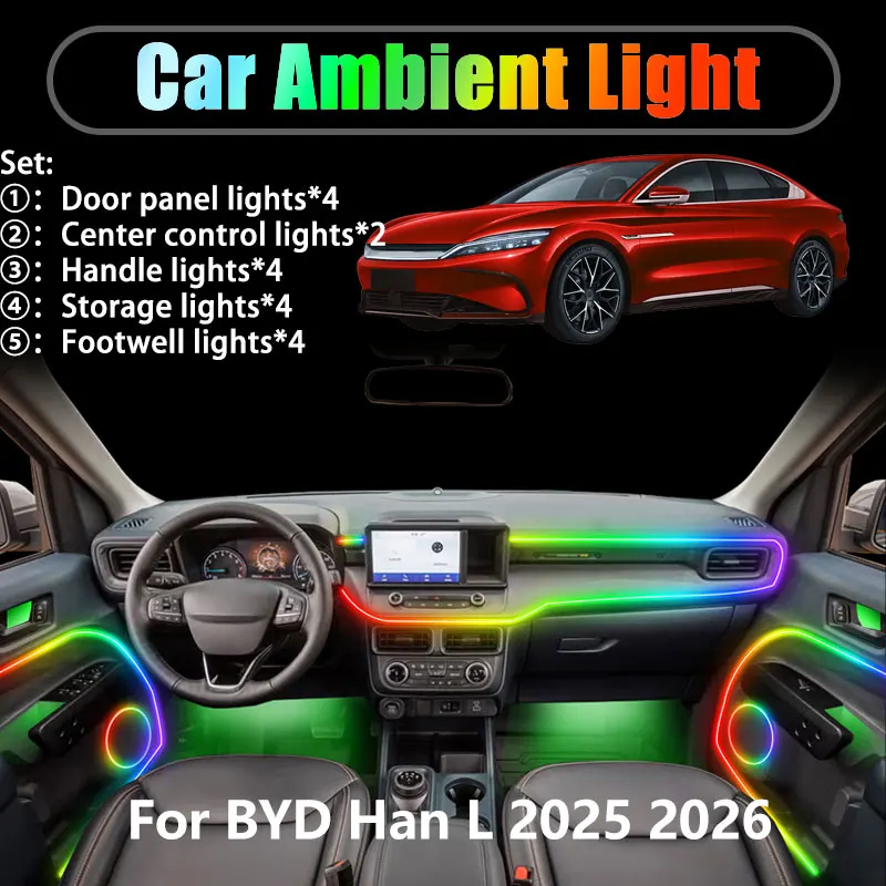

For BYD Han L 2025 2026 2/18 in 1 Car ambient lighting Led trunk interior led lights USB RGB Ensemble Streamer Auto Accessories