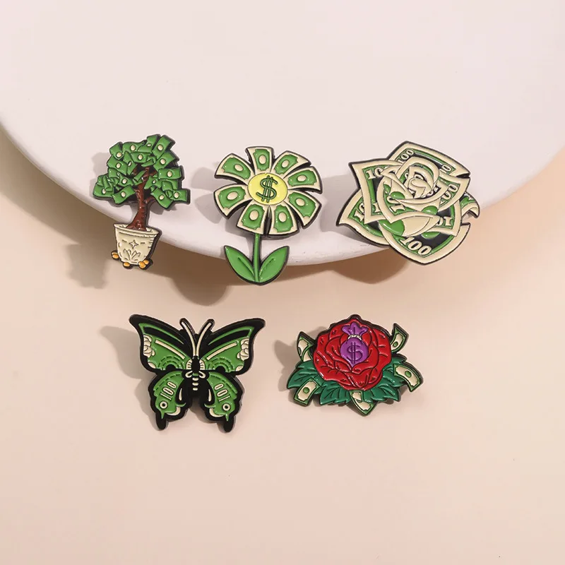 Cute Cartoon Dollar Money Enamel Brooch Creative Animal Insect Butterfly Plant Flower Rose Tree Lapel Pin Badge Jewelry Gift