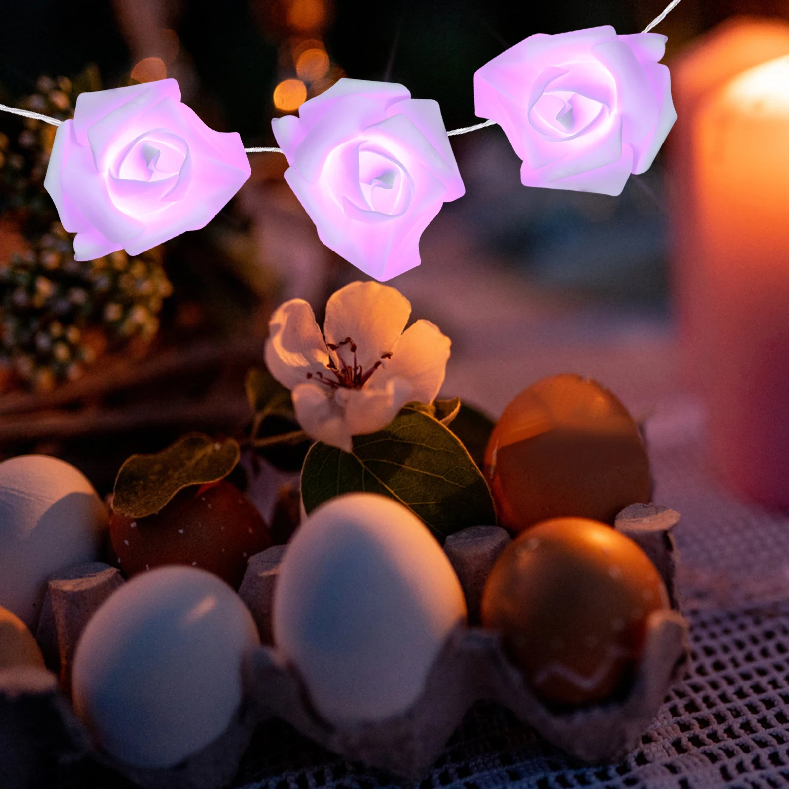

20 LED Operated Purple Rose Flower String Lights Elegant Warm White Glow for Home Wedding Christmas Party Decoration