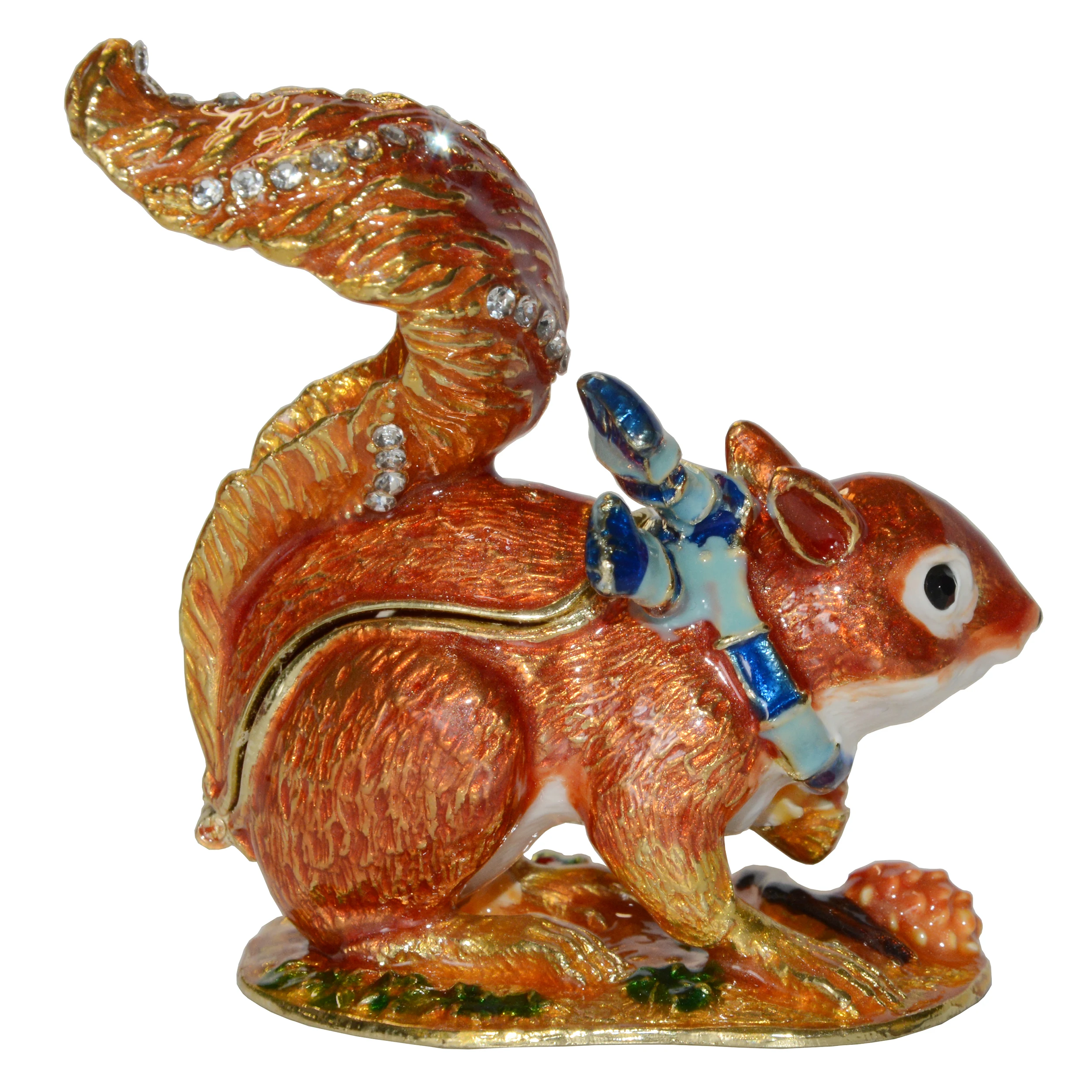 Bejeweled Squirrel Hinged Metal Enameled Rhinestone Trinket Jewelry Box Ring Holder