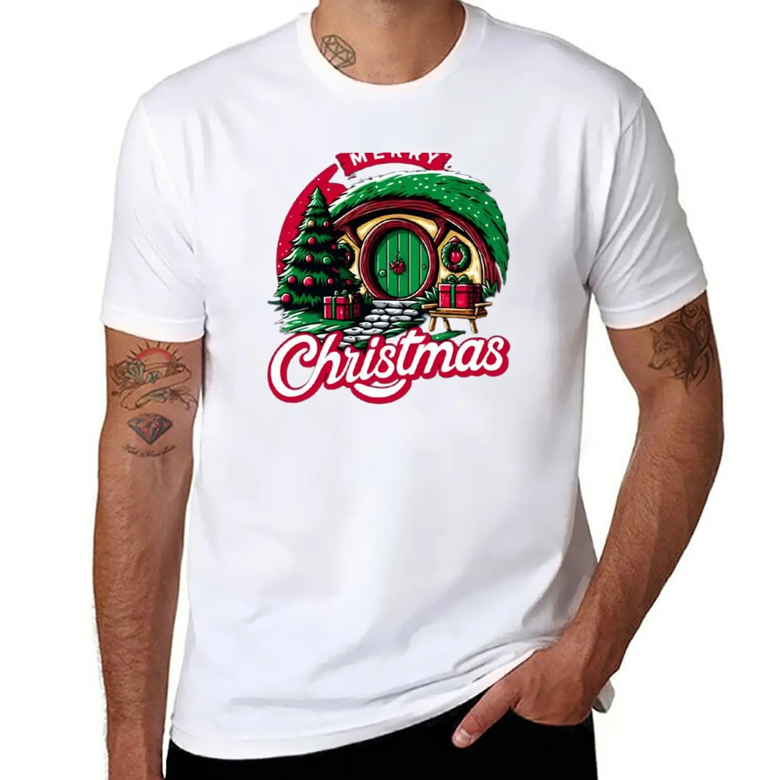 Merry Christmas - Festive Halfling Hole with Tree and Presents - Fantasy Christmas T-Shirt funny t shirt workout shirts for men