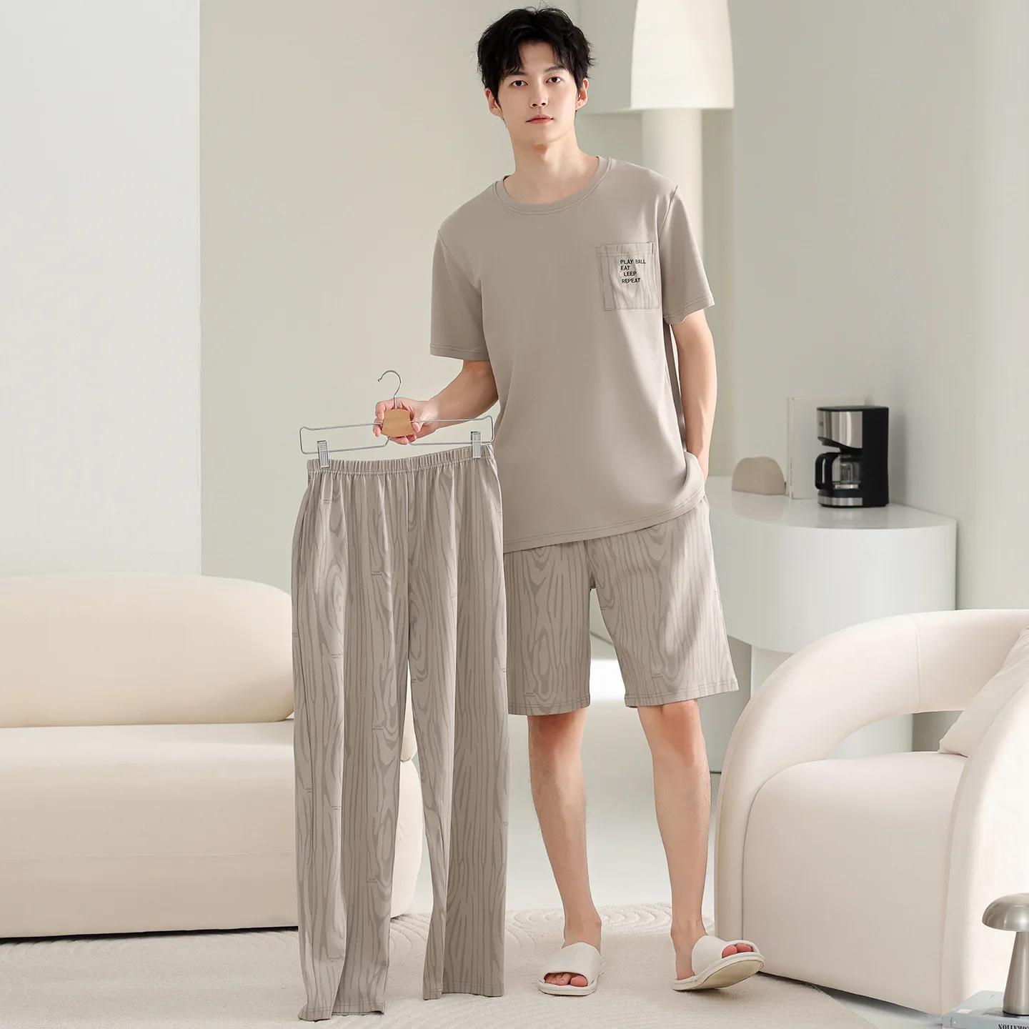 

Korean Cotton Pajamas Set Short Sleeves Shorts Long Pant 3 Pieces Set Nightwear Young Boy Big Size L-3XL Pyjamas Hombre Pijamas