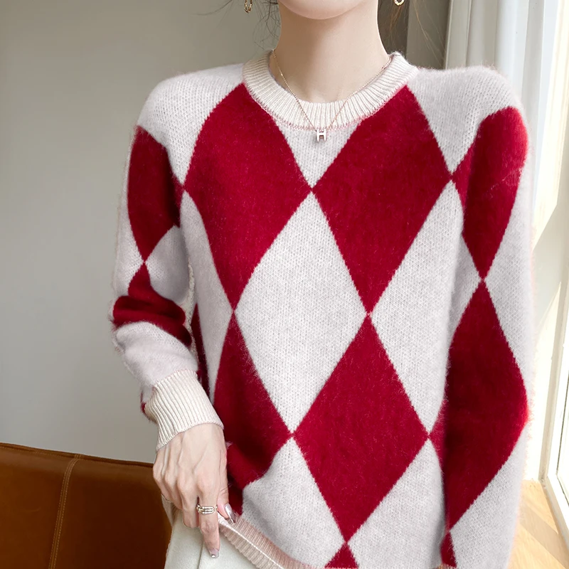 100% Merino Wool Women's Crewneck Plaid Sweater Long Sleeve Pullover Korean Fashion Women's Autumn and Winter Thick Knit Top