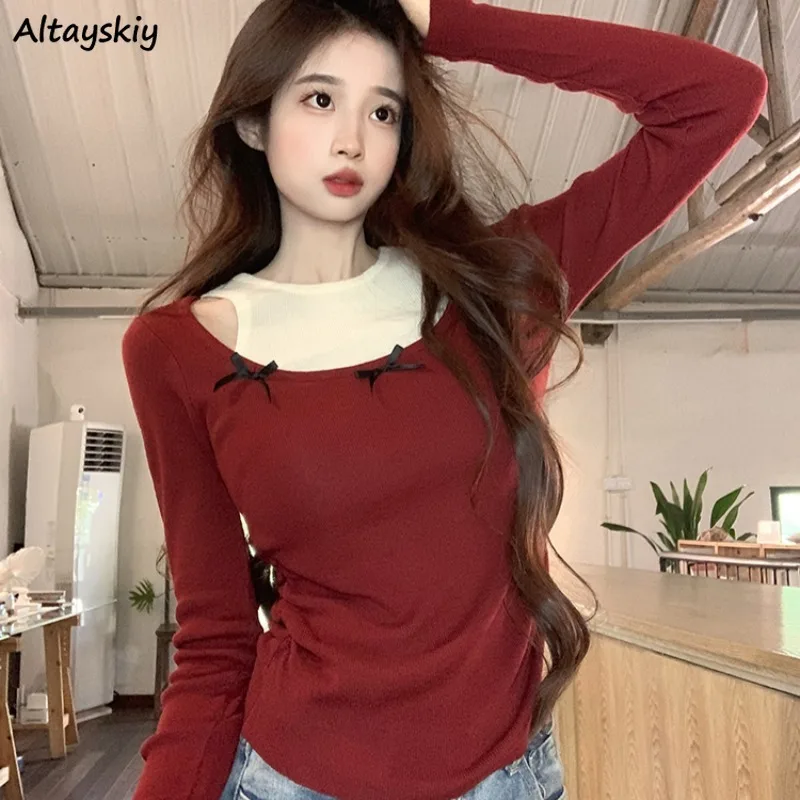 Pullovers Women Fake 2pcs Long Sleeve Sweater Tender Patchwork Bow Slim Fit Tops Spicy Sweet Girls All-match Casual Ulzzang Chic