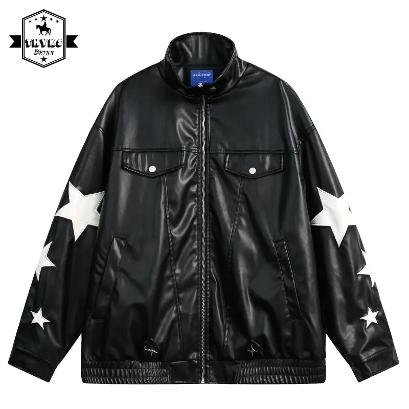 

Winter Streetwear Bomber Jacket Star Embroidery Baseball Jacket Black White PU Leather Varsity Jacket Coat Men Harajuku Outwear