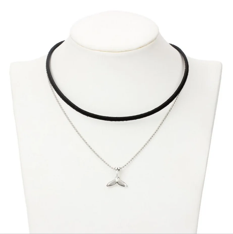 Choker Layers Necklace Black Pu Belt with Moon Oxford Fish Tail Pendant Bead Charm  Square Cube Extended Metal Chain
