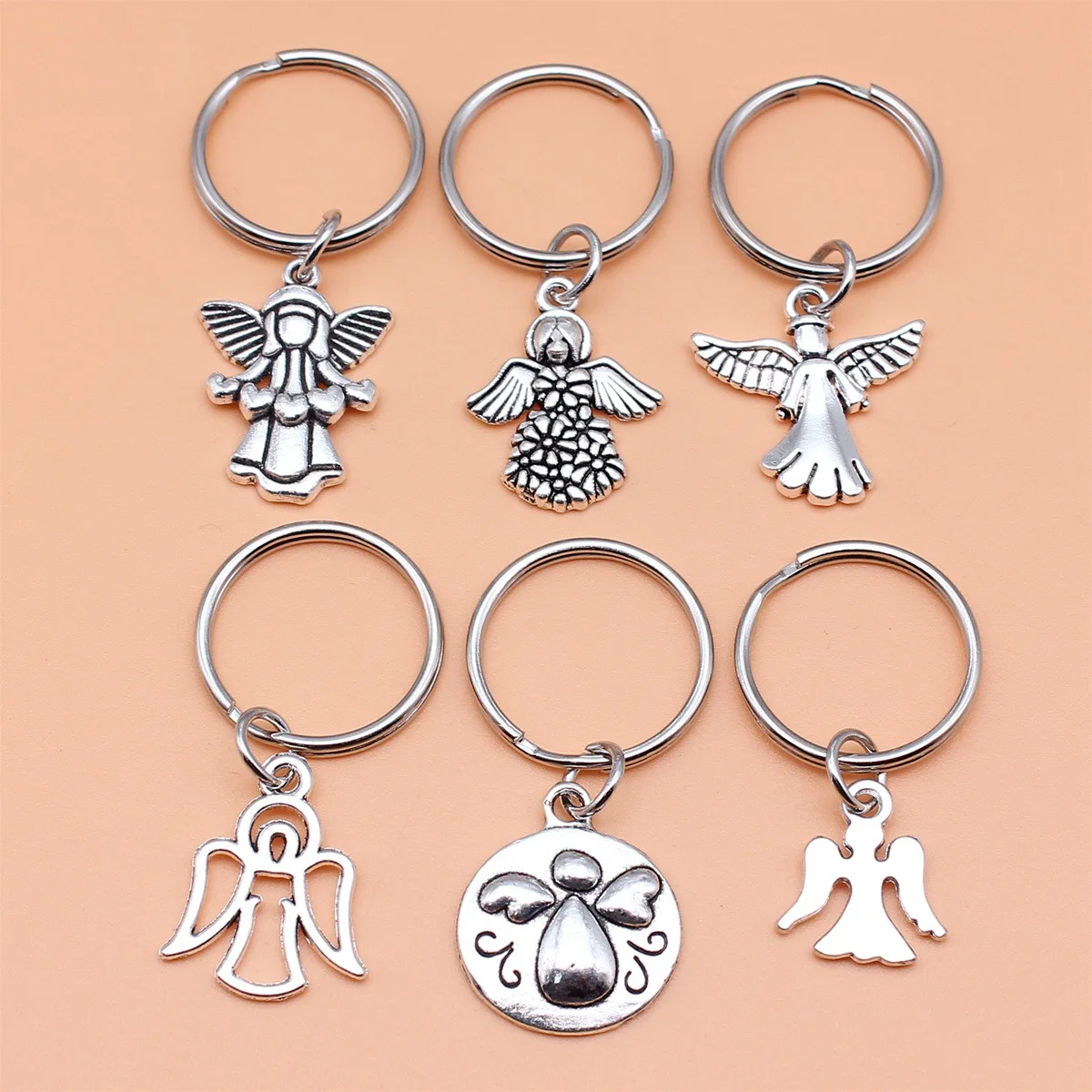 6pcs/set Antique silver vintage zinc alloy Guardian Angel Pendant keychain accessory set