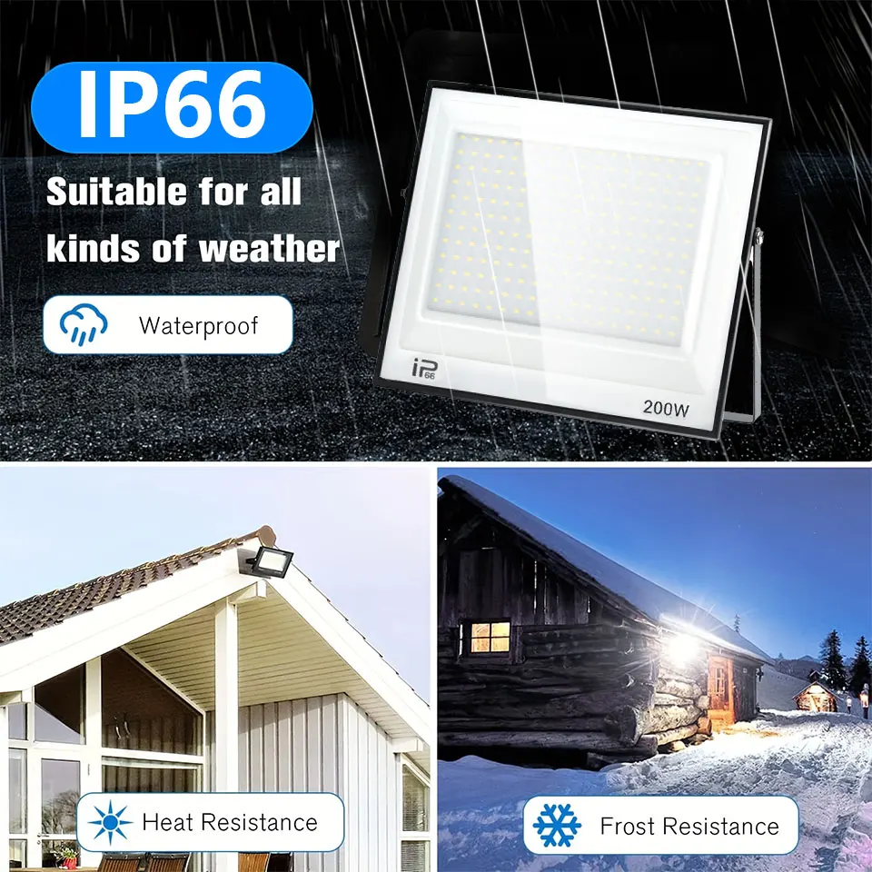 IP66 LED Floodlight AC175-265V 20W 30W 50W 70W 100W 150W200W300W Waterproof Outdoor Projector Tempered Glass For Garage Lighting