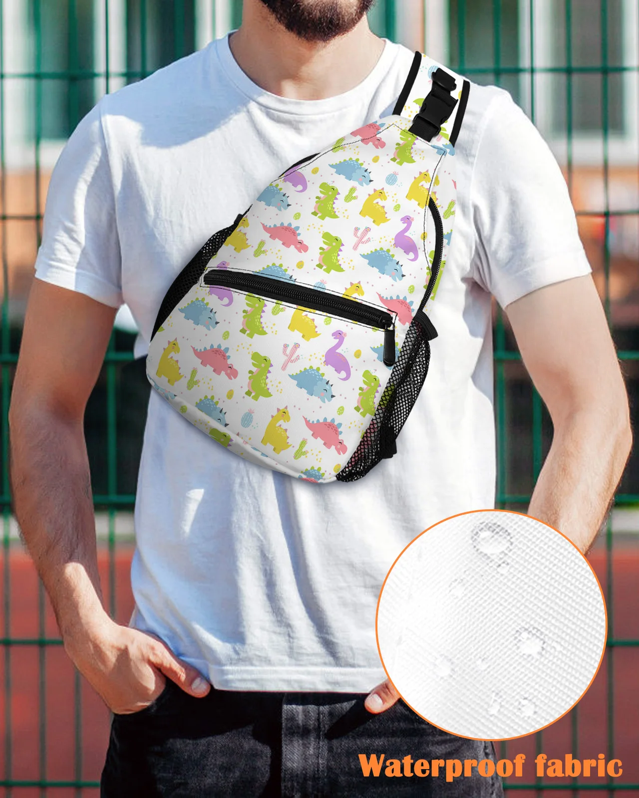 Bolso de hombro impermeable para hombre y mujer, bolsa cruzada deportiva de viaje al aire libre, con dibujos de dinosaurios, Cactus, color blanco