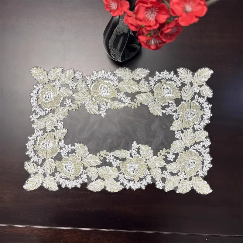 

NEW mesh Rose flower embroidery table place mat cloth Wedding Christmas party placemat kitchen Table decoration and accessories