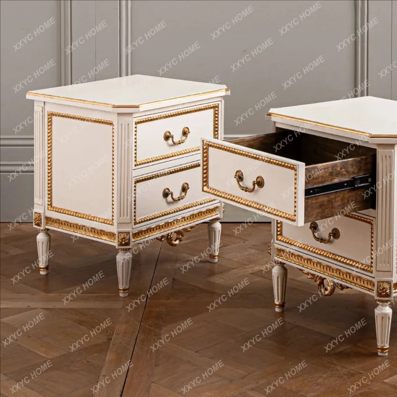 XX Light luxury solid wood bedside table, white bedside storage cabinet, gold engraved double drawer bedside locker draw