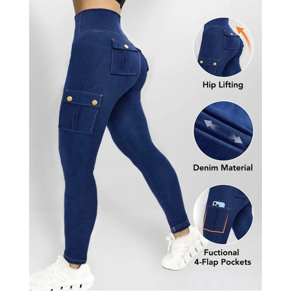 Women's High Waist Tummy Control Butt Lifting Denim Look Leggings Stretchy Yoga Pants with Flap Pockets Skinny Active Pants