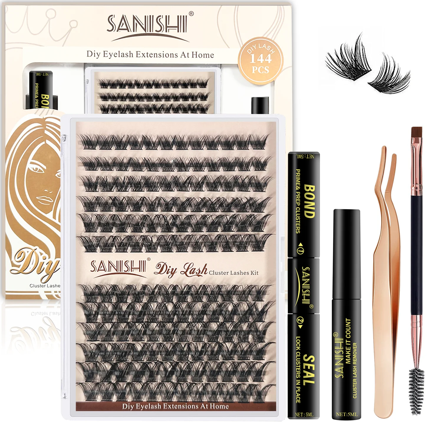 SANISHI DIY Eyelash Extensions Set, 144 Eyelash Curlers, Adhesive and Sealant, Eyelash Brush Cluster for DIY Eyelash Extensions