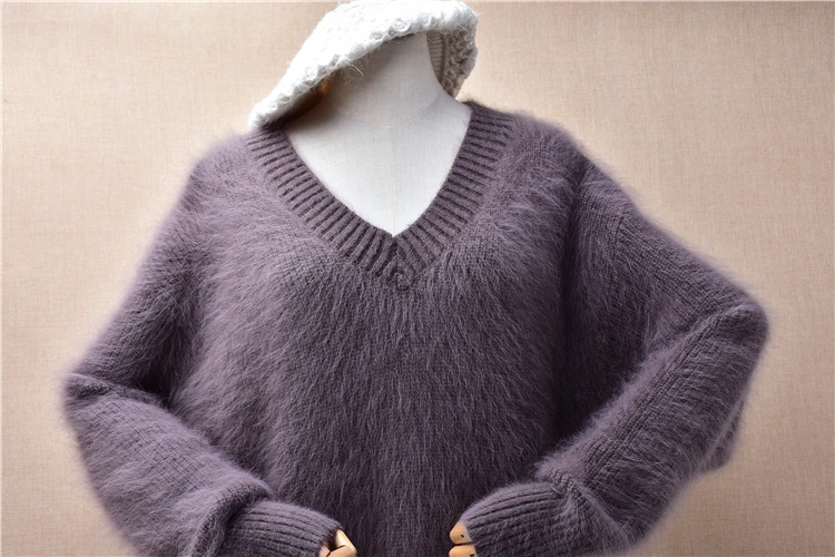 Ladies Women Autumn Winter Thick Warm Hairy Mink Cashmere Knitted V-Neck Long Sleeves Loose Pullover Angora Fur Jumper Sweater