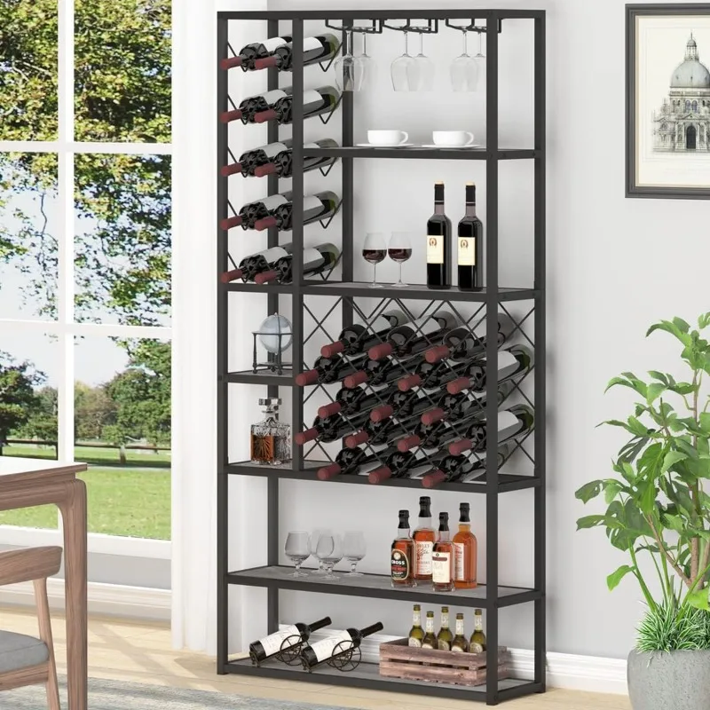

Industrial Wine Rack Freestanding Floor, Farmhouse Tall Coffee Bar Cabinet with Storage, Wood Metal Stackable Bakers Rack