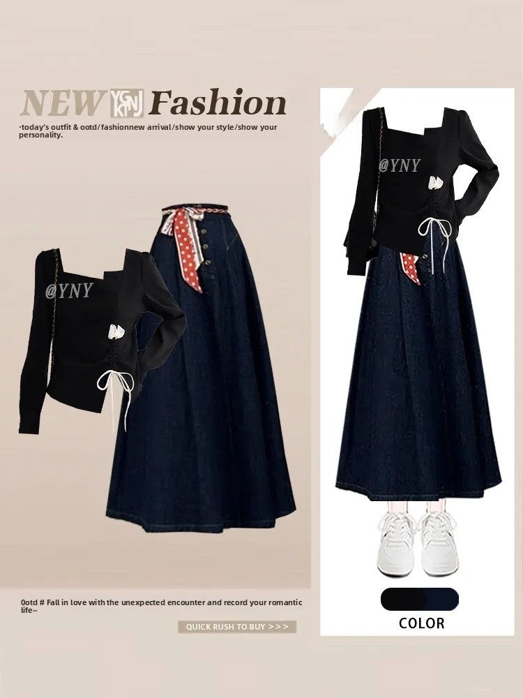 

Sweet Gentle Long Sve T Top with Blue Denim Split A-Line Skirt Autumn Faion Long Over-Knee Skirt Women's Set