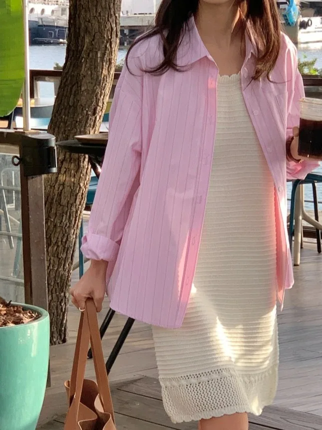 

Ele Spring Vintage Knitted Hollow out Hook Flower Vest Dr Loose Striped irt Set Faionable Women's Ensemble