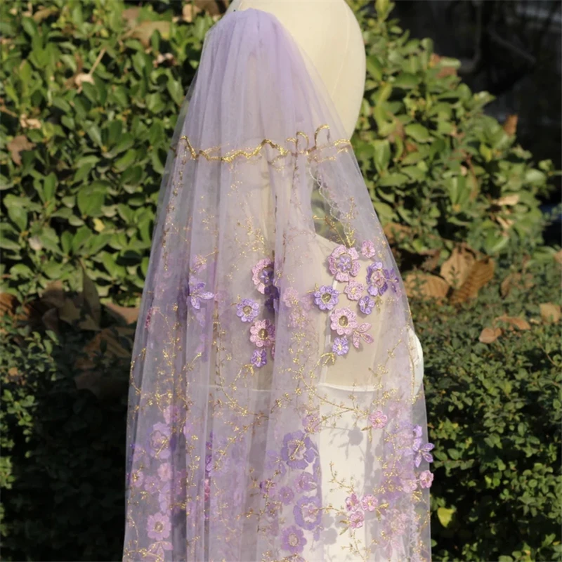 Purple Gold 3D Floral Bridal Veils With Comb Wedding Accessories For Brides Unique Flowers Lace Edge Lilac Outdoor Forest Long