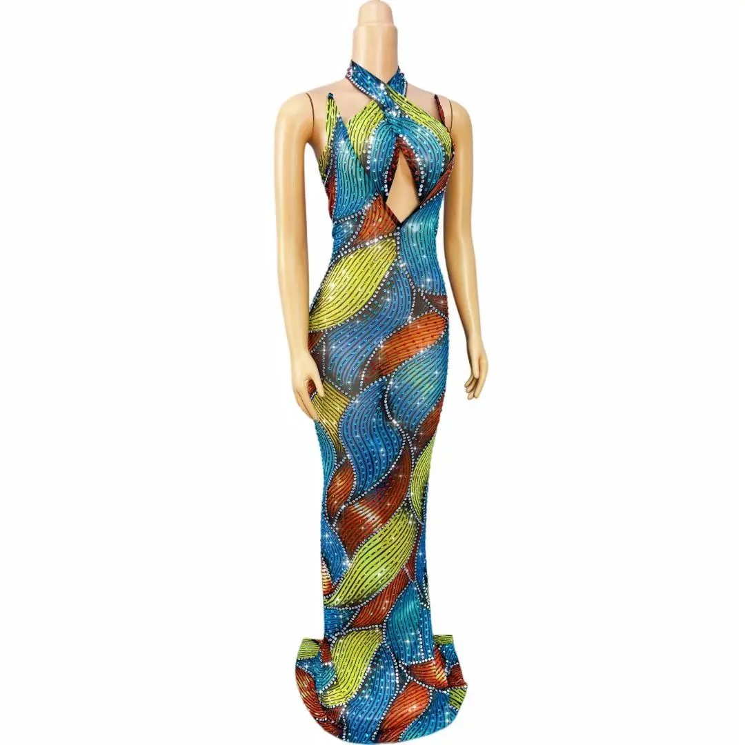 Caisehong Luxury Rainbow Crystal Rhinestone Mesh Mermaid Gown Halter Wrap Collar Hollow Chest Competition Performance Outfit
