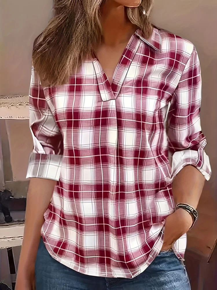 Women\'s plaid print casual fashion V-neck spring/summer plus-size shirt