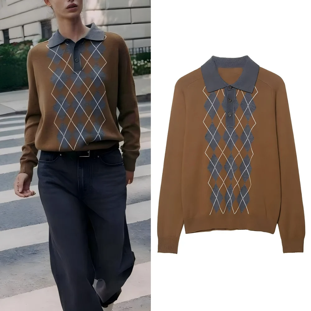 

Women's new fashion comfortable casual polo shirt collar diamond grid knitted sweater long sleeved women's pullover chic top