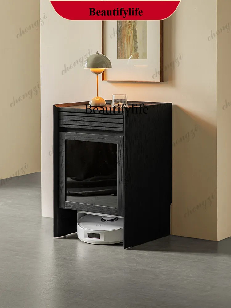 p182 Furniture Sweeper Cabinet Stone, Black Solid Wood Mobile Low Cabinet