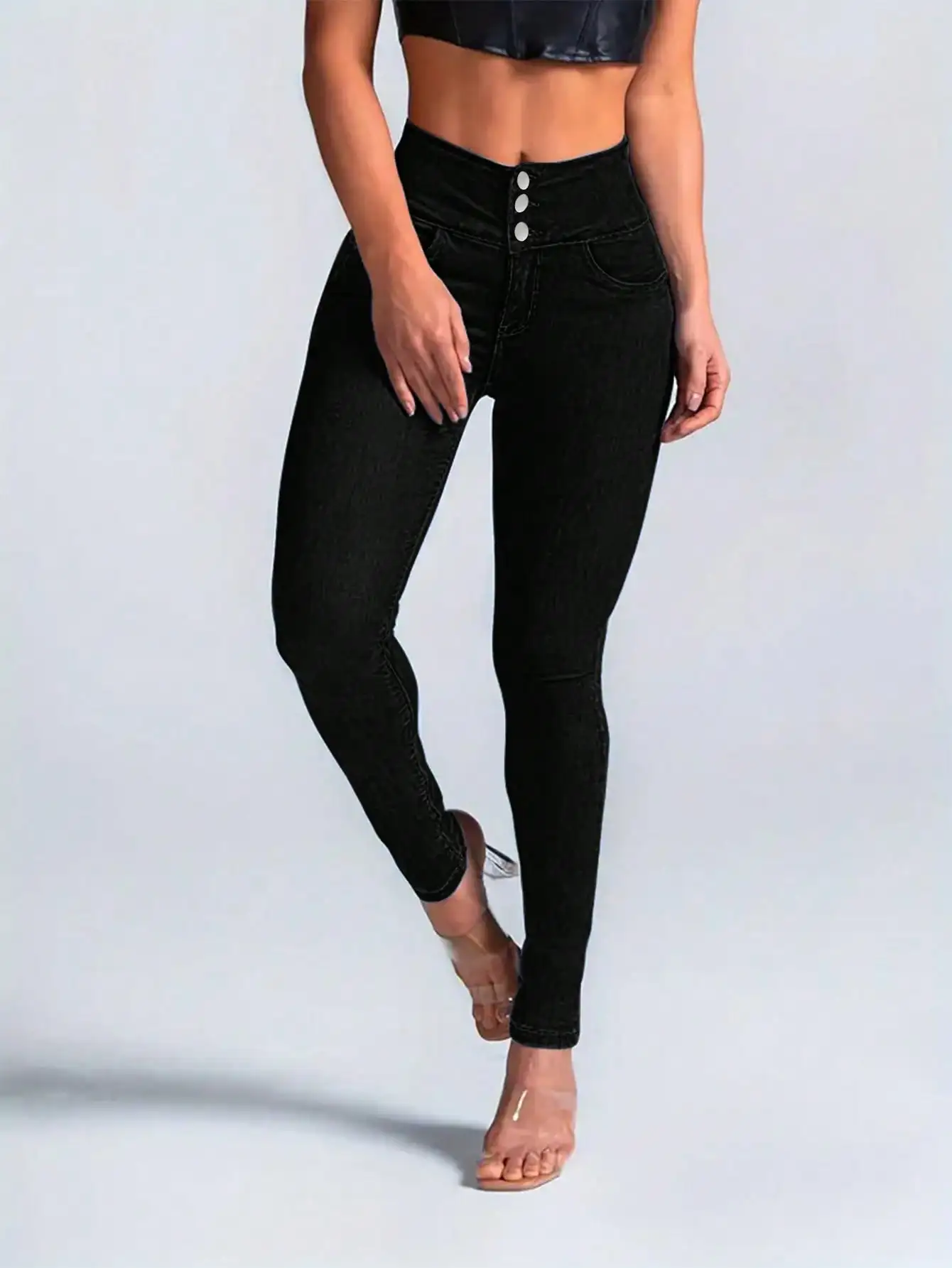 

WGXWGX Women's High-Waisted Skinny Jeans Black Denim Button-Front Design Slim Fit Trendy Casual Trousers