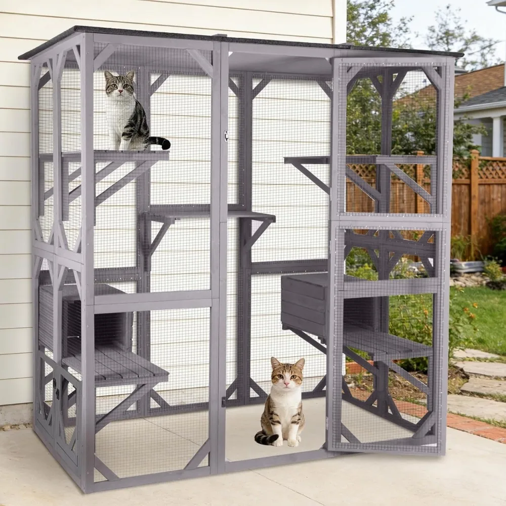 

Extra Large Outdoor Cat Enclosure Walk-In Wooden Run with Platforms Resting Boxes Weatherproof Roof