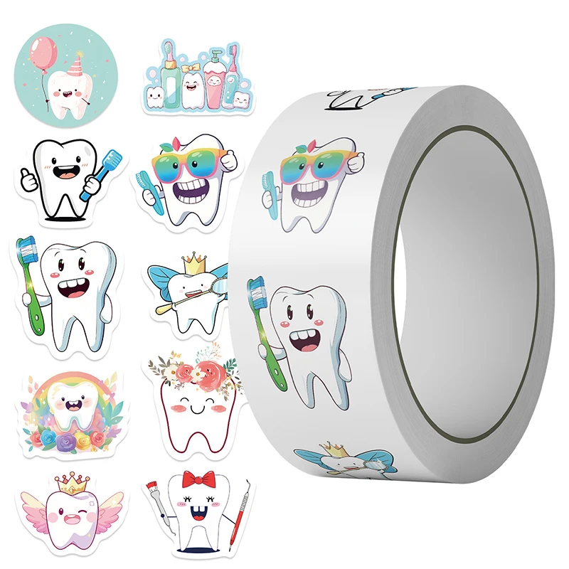 500 Sheets/roll Cartoon Protect Teeth Stickers For Kids Students Graffiti Laptop Stationery Cute Sticker Dental Clinic Gifts