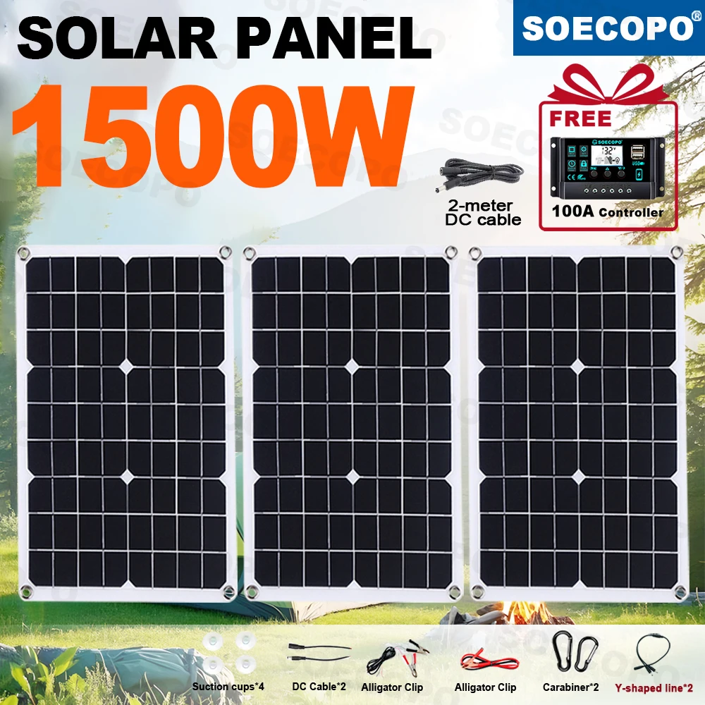 

SOECOPO 1500 Вт Бесплатный контроллер 100 А Комплект солнечной панели для кемпинга — панели 3*500 Вт постоянного тока 18 В USB 5 В для кемпингового снаряжения и походов на открытом воздухе