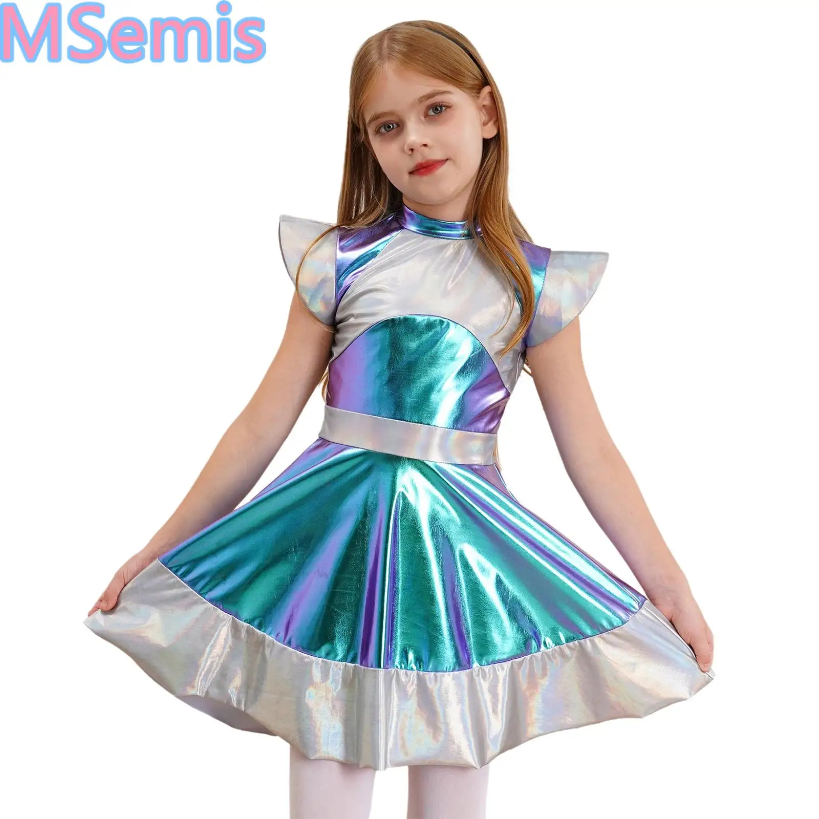 

Kids Girls Alien Outer Space Role Play Dress Halloween Cosplay Cutie Costume Cap Sleeve Glossy Metallic Color Block Dress