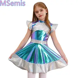 Kids Girls Alien Outer Space Role Play Dress Halloween Cosplay Cutie Costume Cap Sleeve Glossy Metallic Color Block Dress