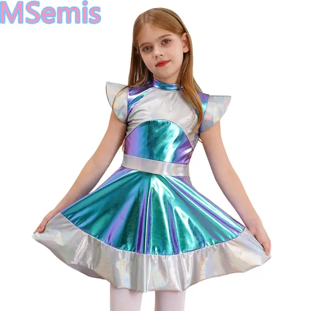 Dziecięca sukienka dla dziewczynek Alien Outer Space Role Play Halloween Cosplay Cutie Costume Cap Sleeve Glossy Metallic Color Block Dress