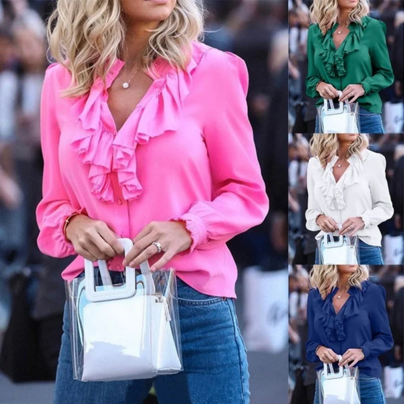 

Woman Ruffle Neck Long Sleeves Blouse Button Down Multi Color for Feminine Chic Street Fashion Daily Wear