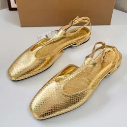2025 Spring Women Slingback Flats Designer Buckle Ankle Strap Fashion Gold Black Large Size Comfortable Ladies Mary Jane Shoes