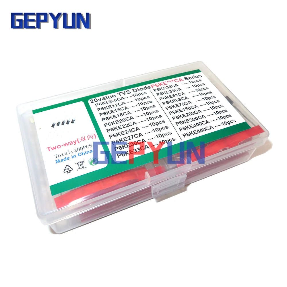 20values*10pcs=200pcs TVS transistor Kit P6KE6.8A/CA 12/15/18/20/22/24/27/30/33/36/39/51/68/75/150/200/300/400/440/A/CA Diode