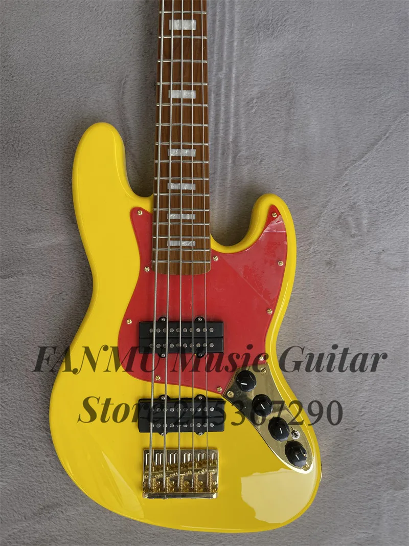 Yellow bass 5-string electric bass guitar Basswood body toasted Maple Neck HH pickup Orange guard Gold Bridge active battery