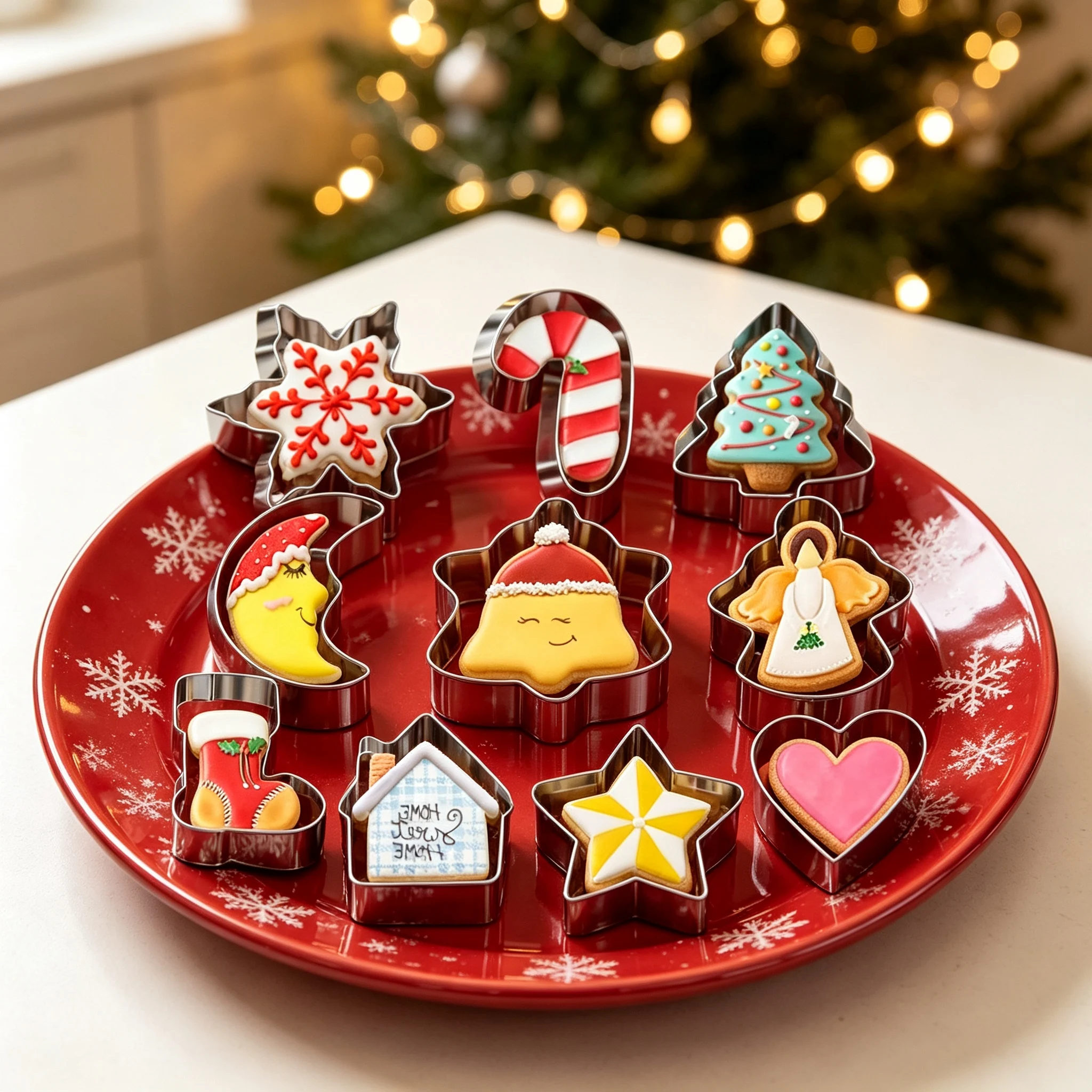 10PCS Christmas Cookie Cutter Set Stainless Steel Snowflake Cane Tree Star Heart for Baking Biscuit Xmas Holiday Party Gift