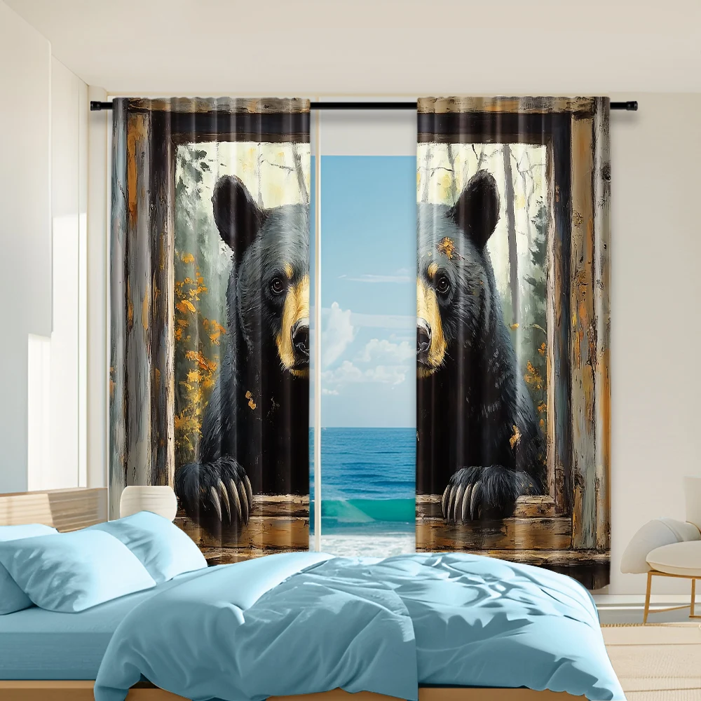 

2 pcs, versatile polyester transparent curtains for home decoration Charming Bear for use in bedrooms and living rooms