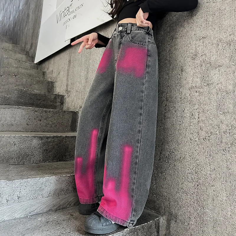 

Children's Graffiti Color-painted Printed Personality Jeans for Girls American Spring New Trousers