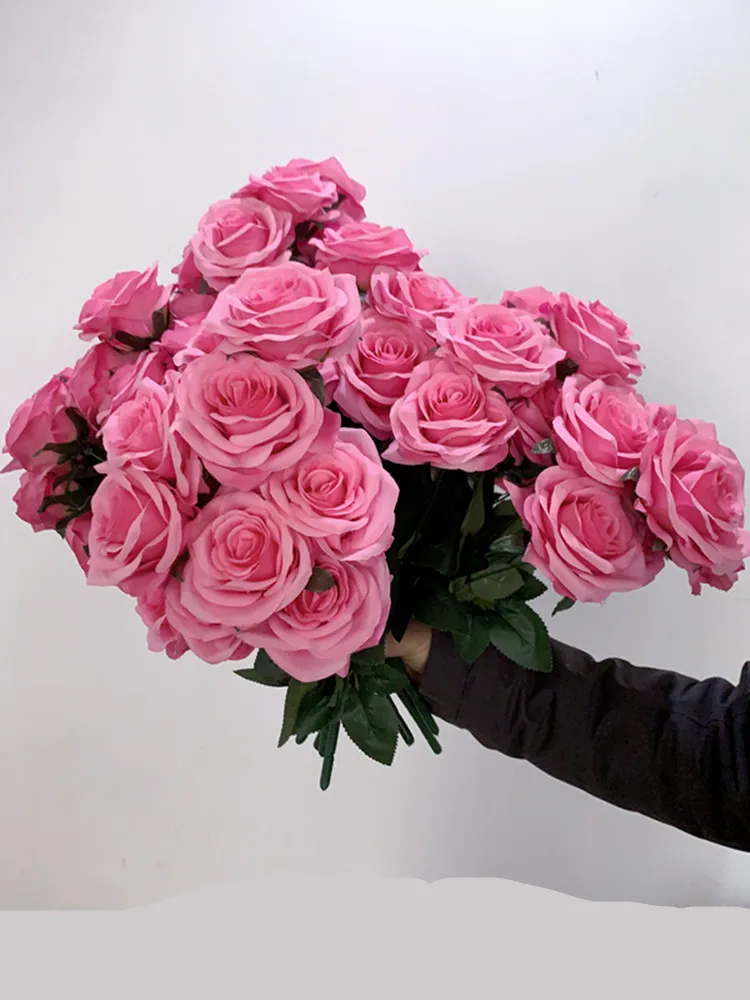 9 Köpfe Rosen Blumenstrauß Künstliche Blume Pink Tiefrosa Rose Gefälschte Rose Wohnzimmer Trockene Blumendekoration Hochzeit – Detail 4