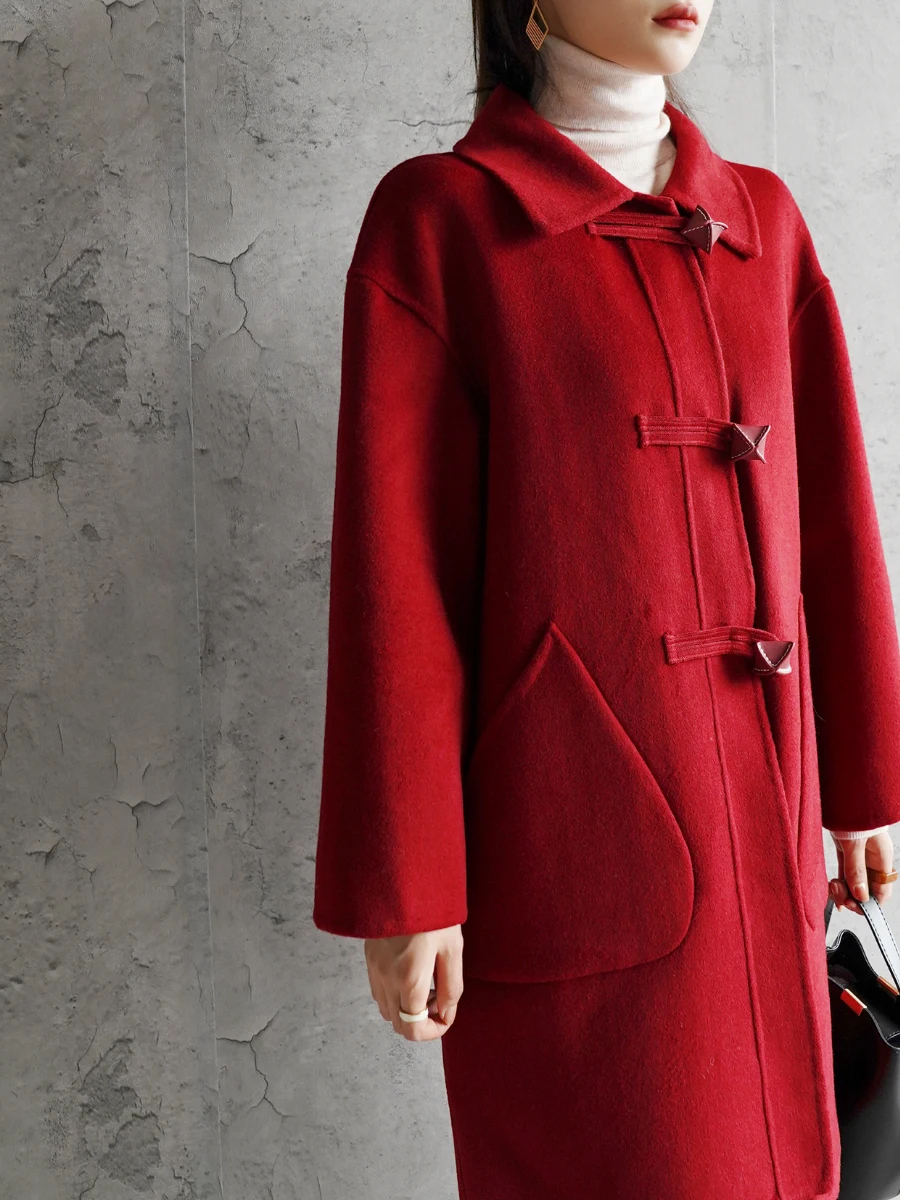 

Warmo Double-Faced Camere Wool Coat Autumn Winter New Arrival Women's Medium-Length Tweed Jaet Button Design Collar