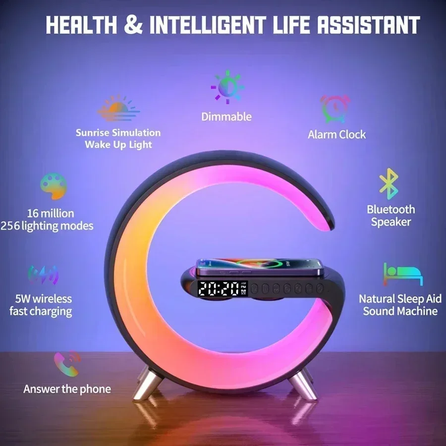 Wireless Charger Stand Alarm Clock Bluetooth Speaker LED Lamp RGB Night Light for iPhone 16 15 14 Samsung Fast Charging Station