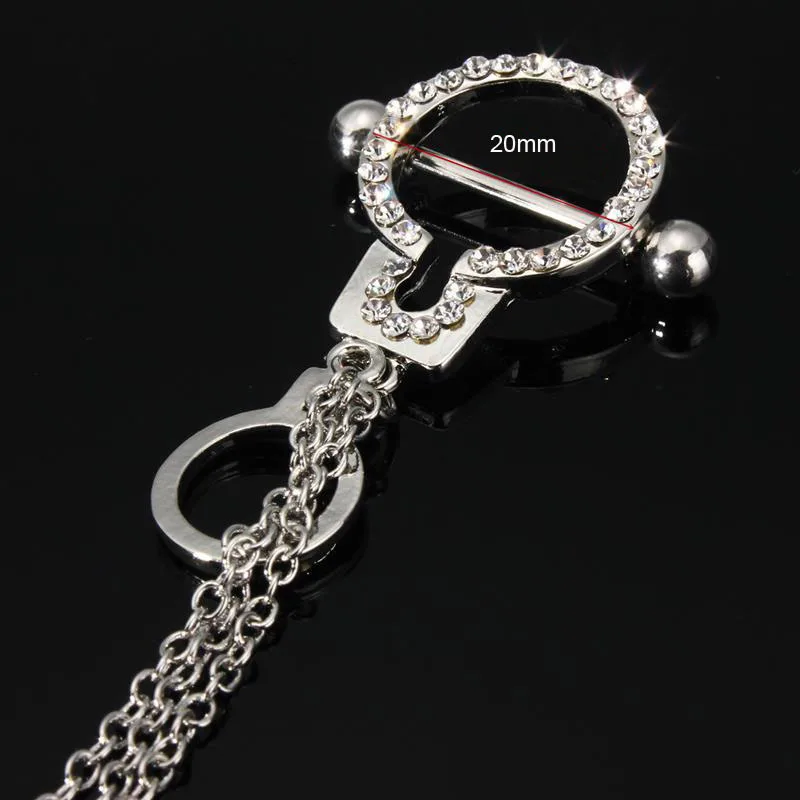 Zinc Alloy Handcuff Nipple Ring Long Chain Surgical Steel Jewelry Piercing Fashion Men Women Puncture Rhinestone Jewelry New